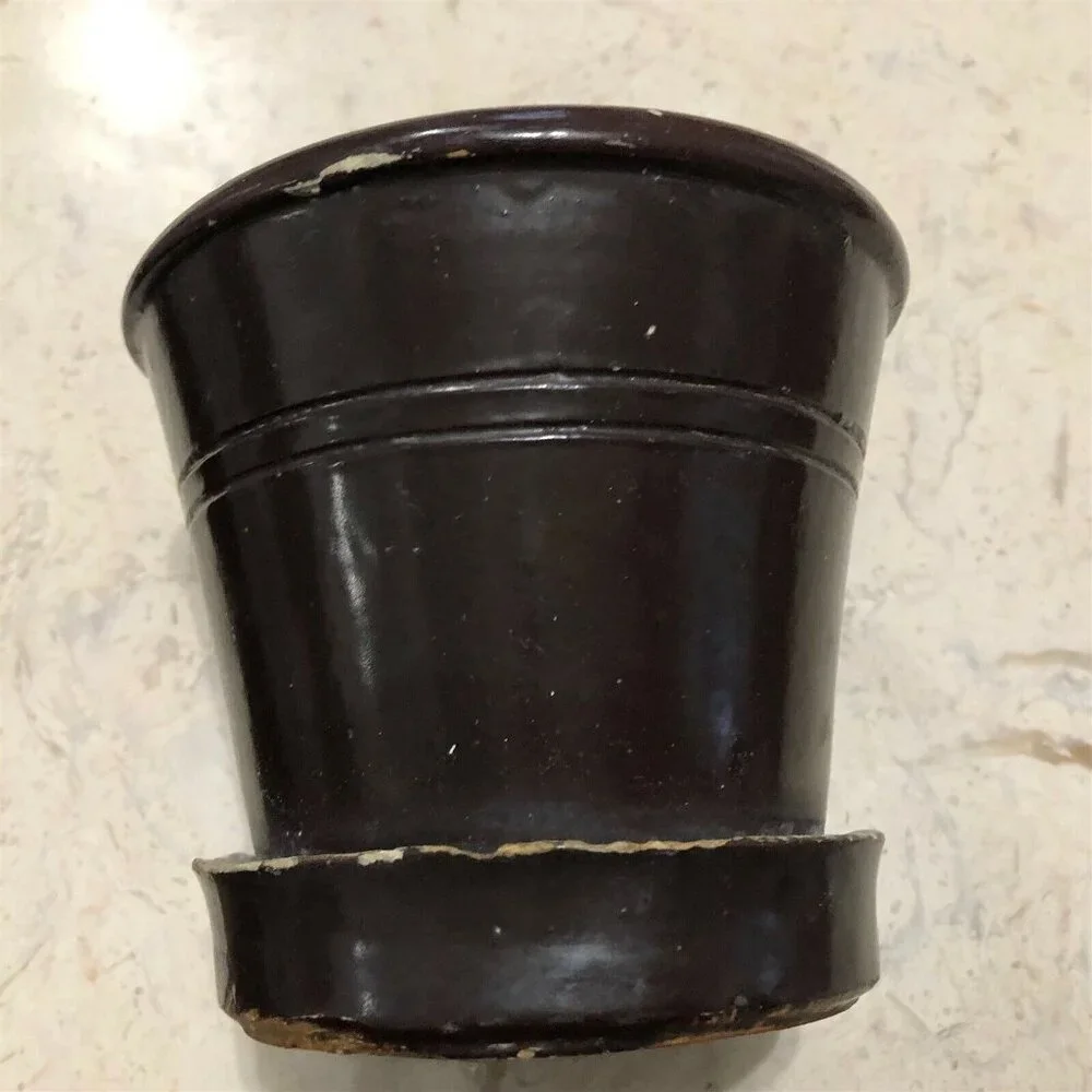 Vintage Pottery Planter with attached Saucer Brown Glaze Primitive